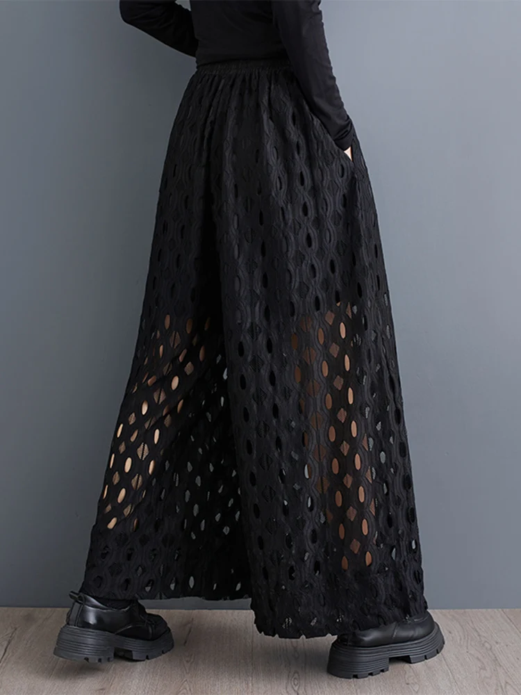 Black Vintage High Waist Hollow Out Wide Leg Pants Women Spring Summer New Casual Loose Ladies Trousers Fashion Streetwear 2025
