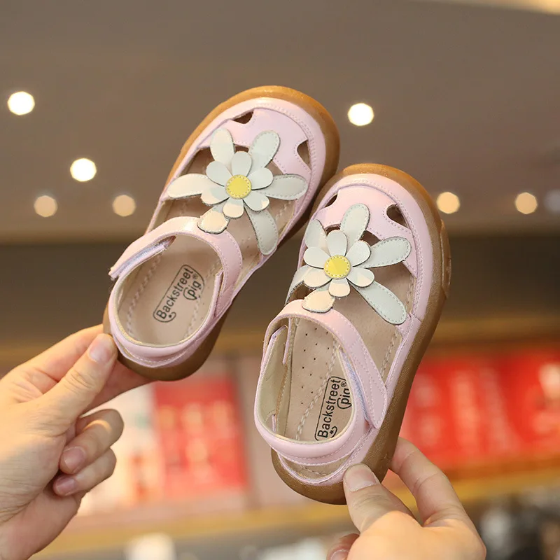 Genuine leather Girls Sandals Summer Close toes Green flowers Baby Children's outdoor sandals Cowhide Kids casual shoes