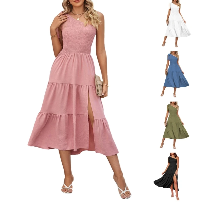 

Womens Vintage Tie One Shoulder A-Line Tiered Ruffle Hem Midi Long Dress Smocked High Waist Side Split Swing Dresses