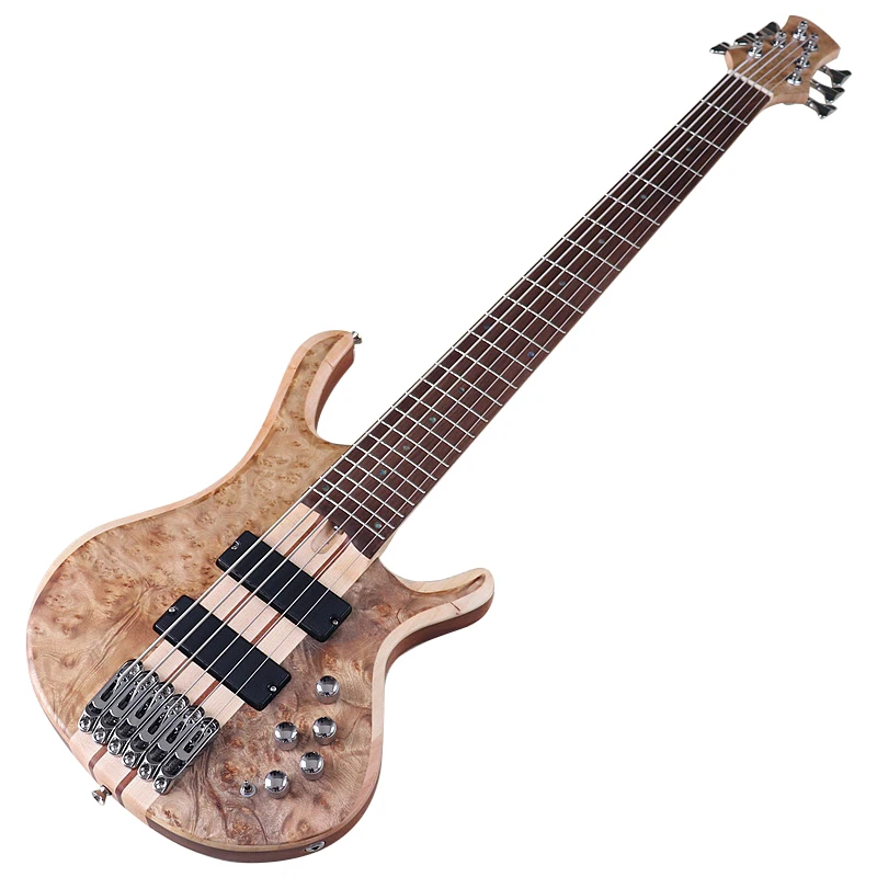 

High Grade 6 String Bass Guitar Black 43 Inch Electric Bass Guitar 24 Frets Solid Okoume Wood Body with One Piece Tree burl Top