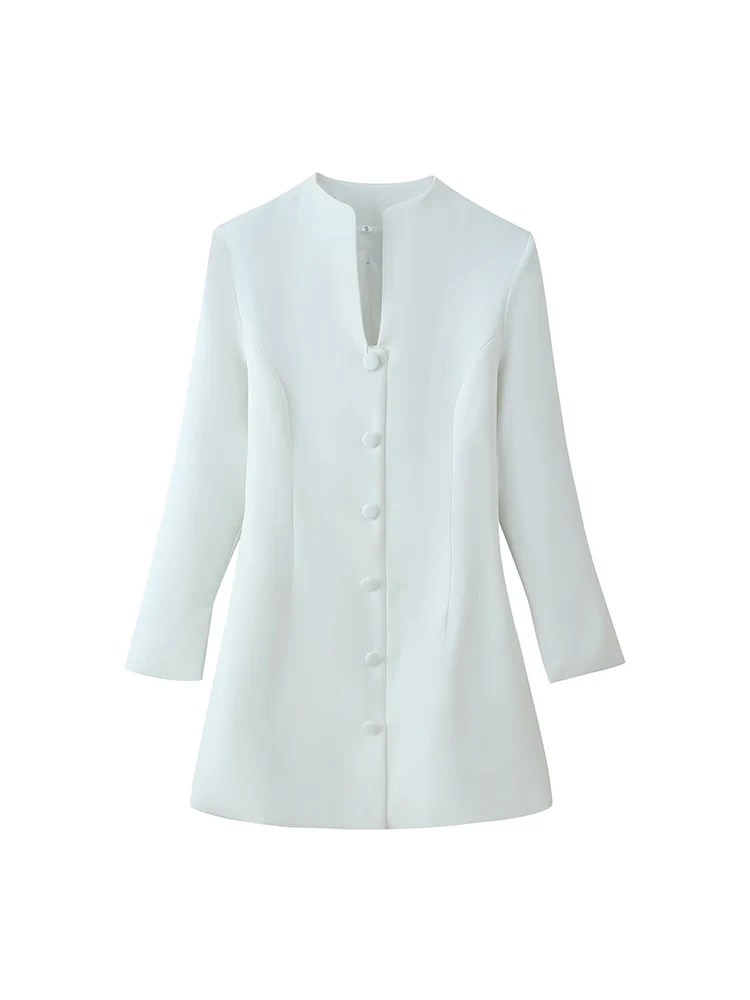 Office Ladies Mini Dress Stand Collar Full Sleeve Chic Button Decoration Daily Casual Simple Fashion Slim Fit Lady Short Dress