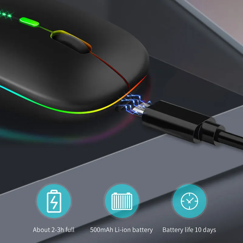 노트북 컴퓨터 PC 맥북용 무선 블루투스 5.0 마우스 - USB 충전식 RGB 조명 전원 표시등이 있는 게이밍 마우스 2.4GH