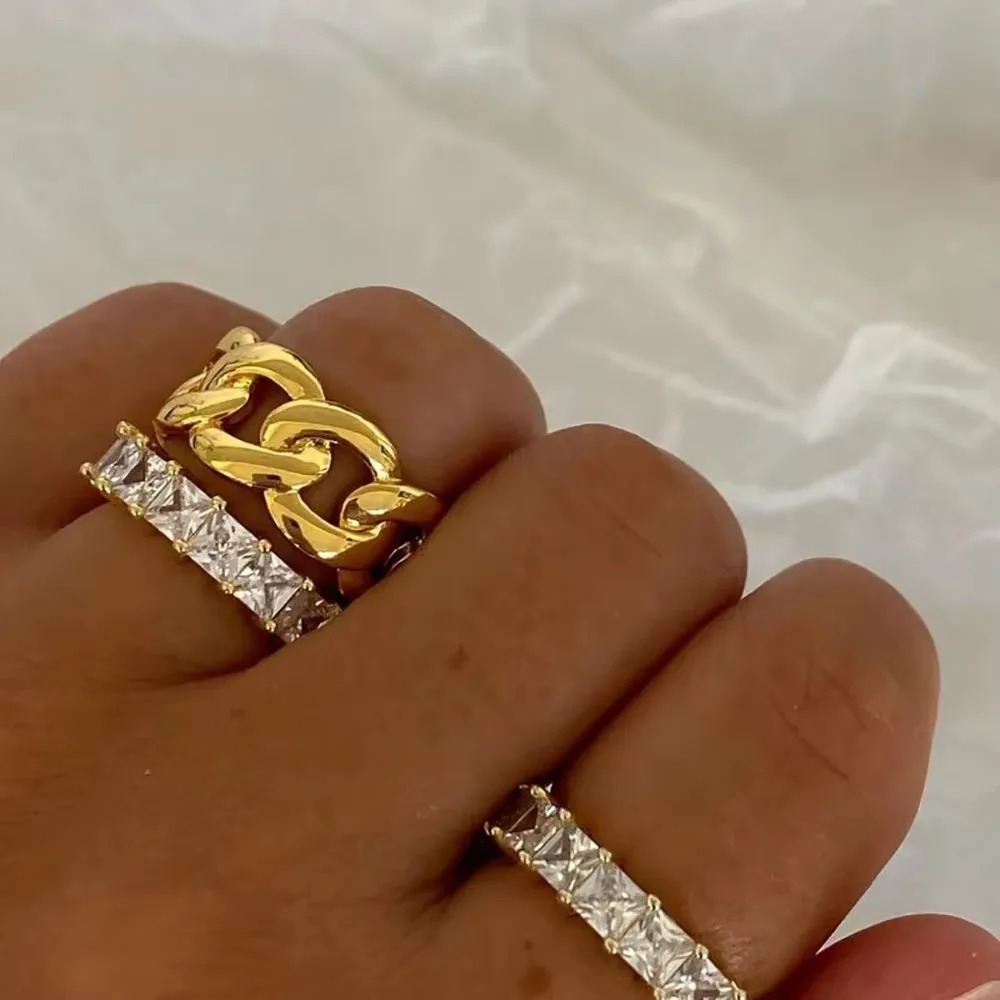 Waterproof Stainless Steel Sparkle Zircon Wedding Ring for Women 18K Gold Plated Two-tone Double-layer Finger Rings Chic Jewelry