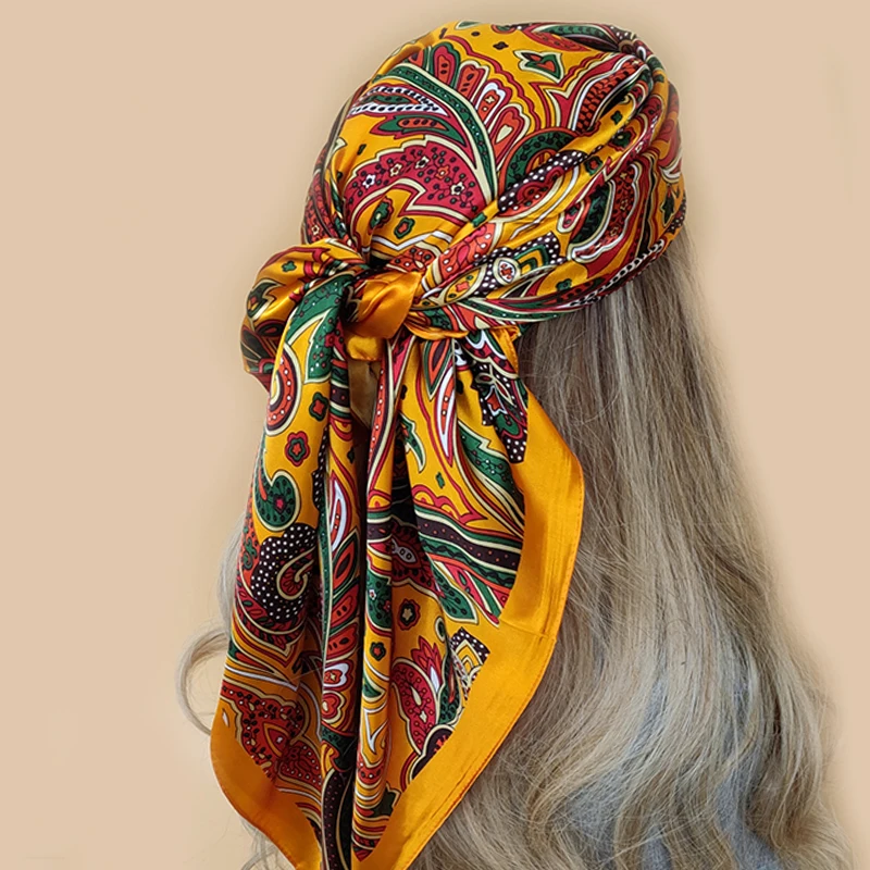 

90*90cm Square Silk Scarves Women Foulard Head office Ladies Shawl Wrap Muffler Pareo Bandanna Female Chiffon Hijab Poncho beach