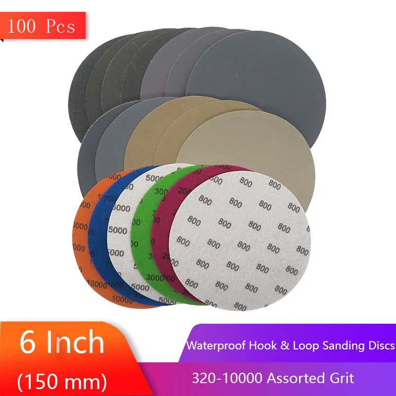 

High Performance Waterproof Hook & Loop Sanding Discs 6 Inch 320-10000 Assorted Grit Wet and Dry Sandpaper 100 Pcs for Polishing