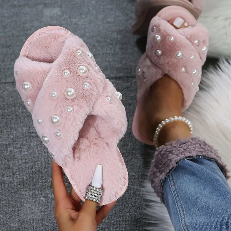 Fashion Pearls Decor Fluffy Fur Slippers Women Autumn Winter Indoor Non-Slip Home Slippers Woman Lightweight Soft Plush Slides