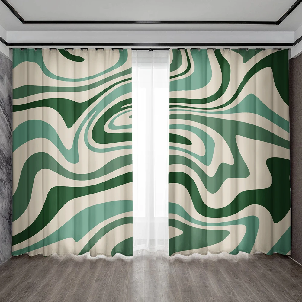 2PC Home Decoration Curtains With Green Flowing Water Ripple Pattern And Rod Pocket Curtains,Kitchen,Coffee Shop, Living Room,