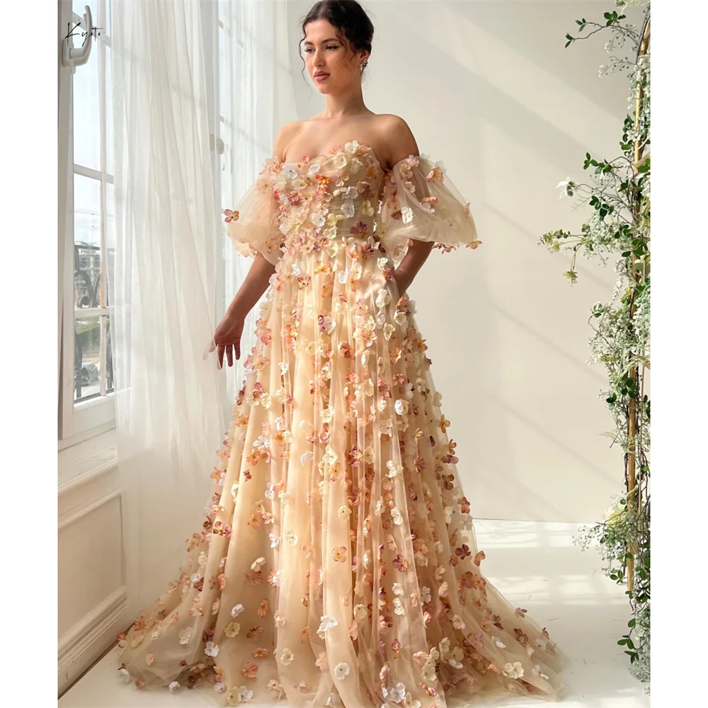 Champagne 3D Colorful Flower Wedding Dress off Shoulder Vest Sweeping  Traindress | eBay