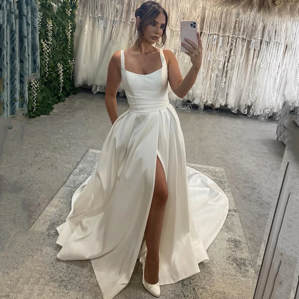

Vintage Satin Square Neck A Line Wedding Dresses Sleeveless Backless Bridal Dress High Side Split Customize To Measures Elegant