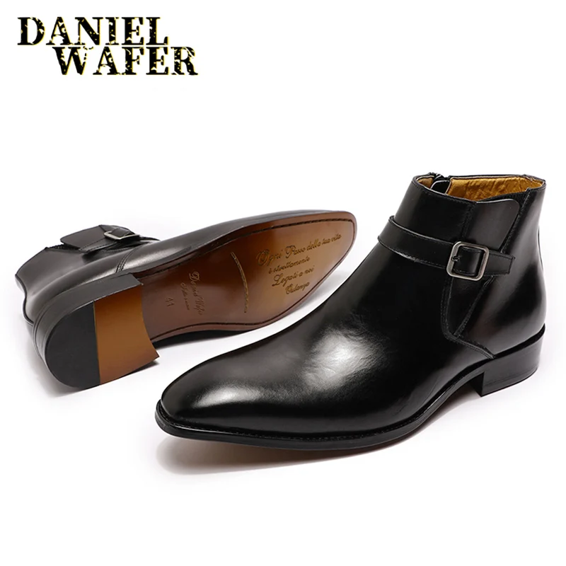Real Leather Men's Boots Classic Italian Ankle Boots High Top Dress Shoes Zipper Buckle Formal Shoes For Men Blue Basic