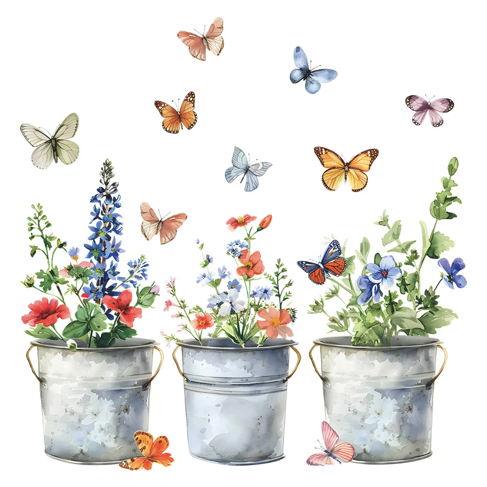 Window Stickers 1PCS Art Iron Bucket Flower Pot Butterfly Glass Doors Windows Home Beautify Uv Static Electricity