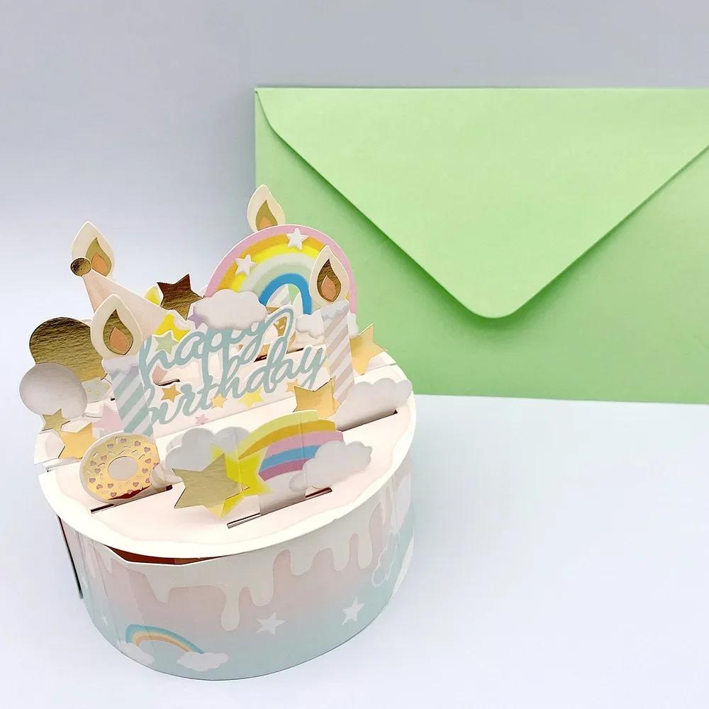 Birthday Card 3D Pop Up Cake Birthday Card With Envelope Set Strawberry Cake Astronaut Cartoon For Kids Friends Gifts