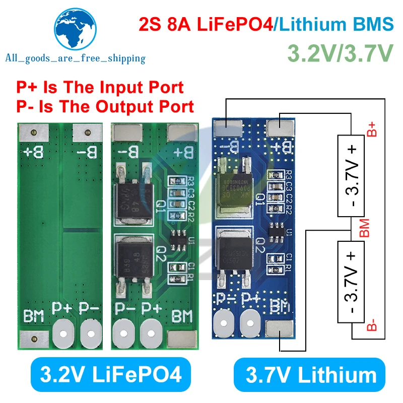 1/3PCS BMS 2S 3.2V 3.7V 8A LiFePO4 / 리튬 배터리 충전 보호 보드 15A 최대 전류 6.4V 7.2V 18650 32650 배터리