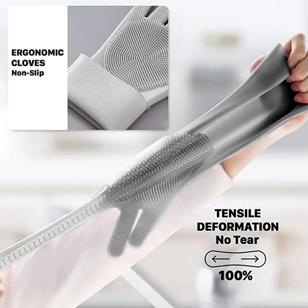 2Pcs Cleaning Gloves Silicone Rubber Dish Washing Glove Rubber Sponge Glove Household Scrubber Dishwashing Cleanner For Kitchen