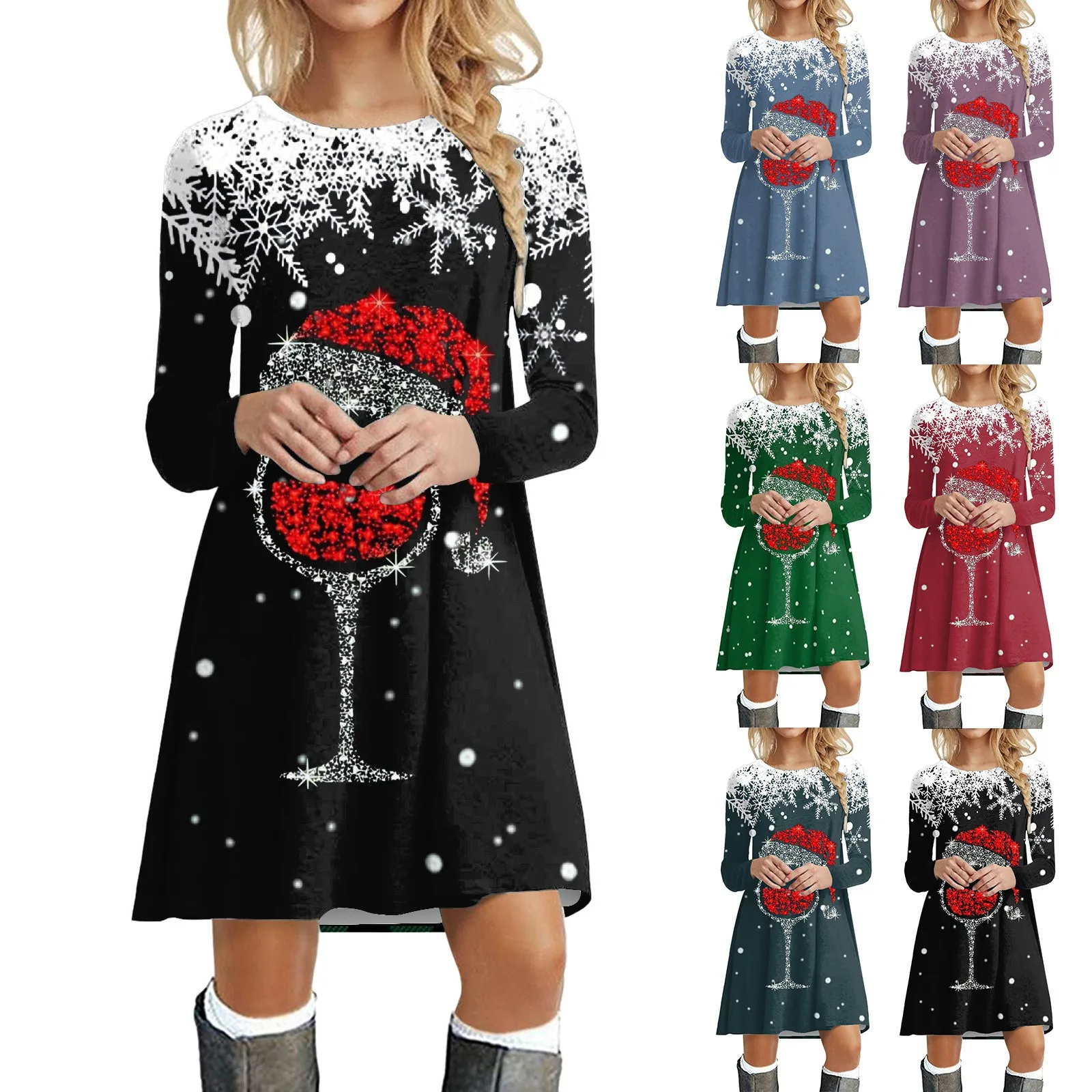 

Women Autumn And Winter Casual Fashion Print Round Neck Long Sleeve Tunic Dress Swing Dress Short