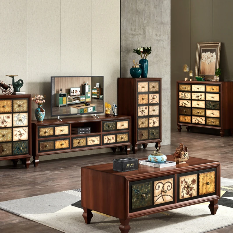 

American style rural coffee table TV cabinet combination set Mediterranean retro small unit coffee table table solid wood living