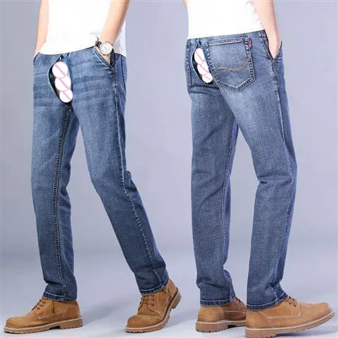 Open Outdoor Sex Pants Summer Light Blue Jeans Men's Straight Loose Thin Stretch Casual Trousers Denim Cargo Y2k Streetwear Men