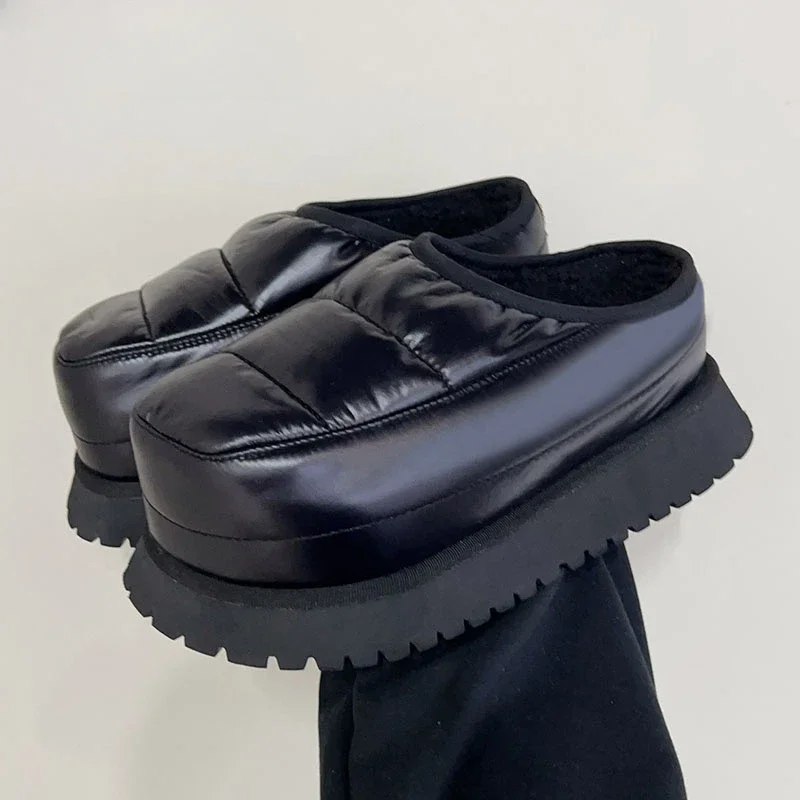 

New Platform Wool Half Slippers Women Autumn Round Toe Slides Waterproof Slip On Flat Casual Shoes For Woman Warm Slippers