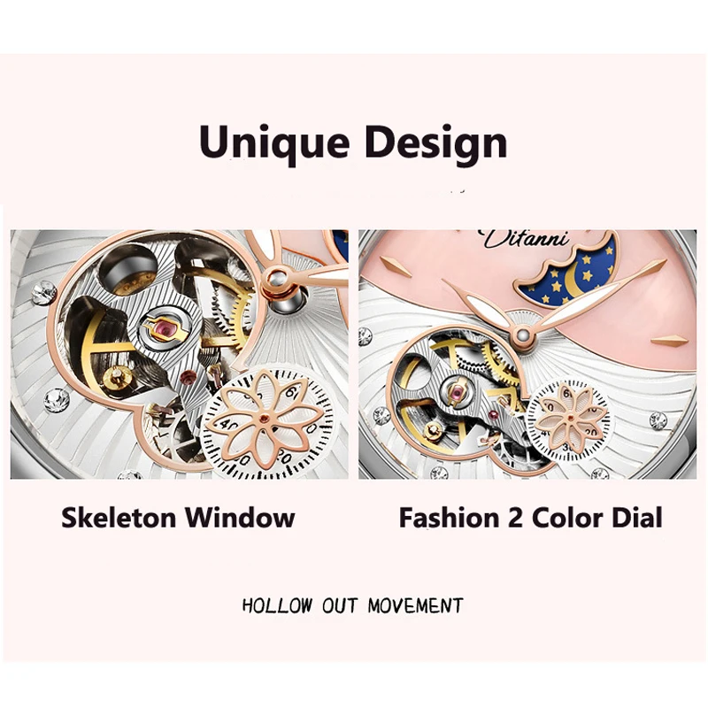 Orologio da donna con fiori girevoli, Top Brand, moda di lusso, fasi lunari, impermeabile, orologi meccanici automatici Reloj