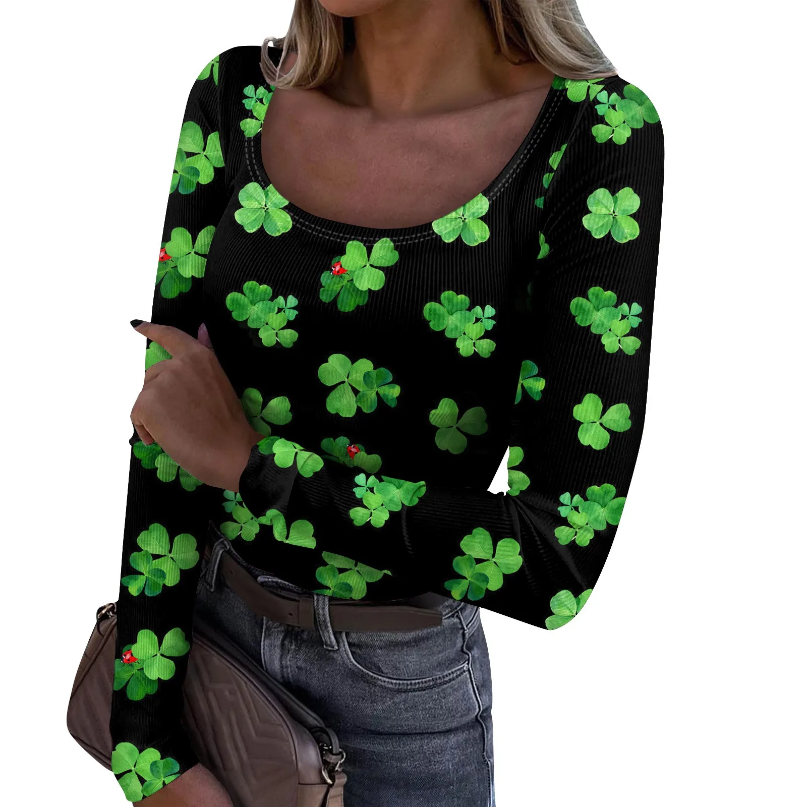 

Women's Slim Fit Base T-shirt, Fashionable And Casual Saint Patrick's Day Printed U-neck Pullover Long Sleeved Top oversized t s