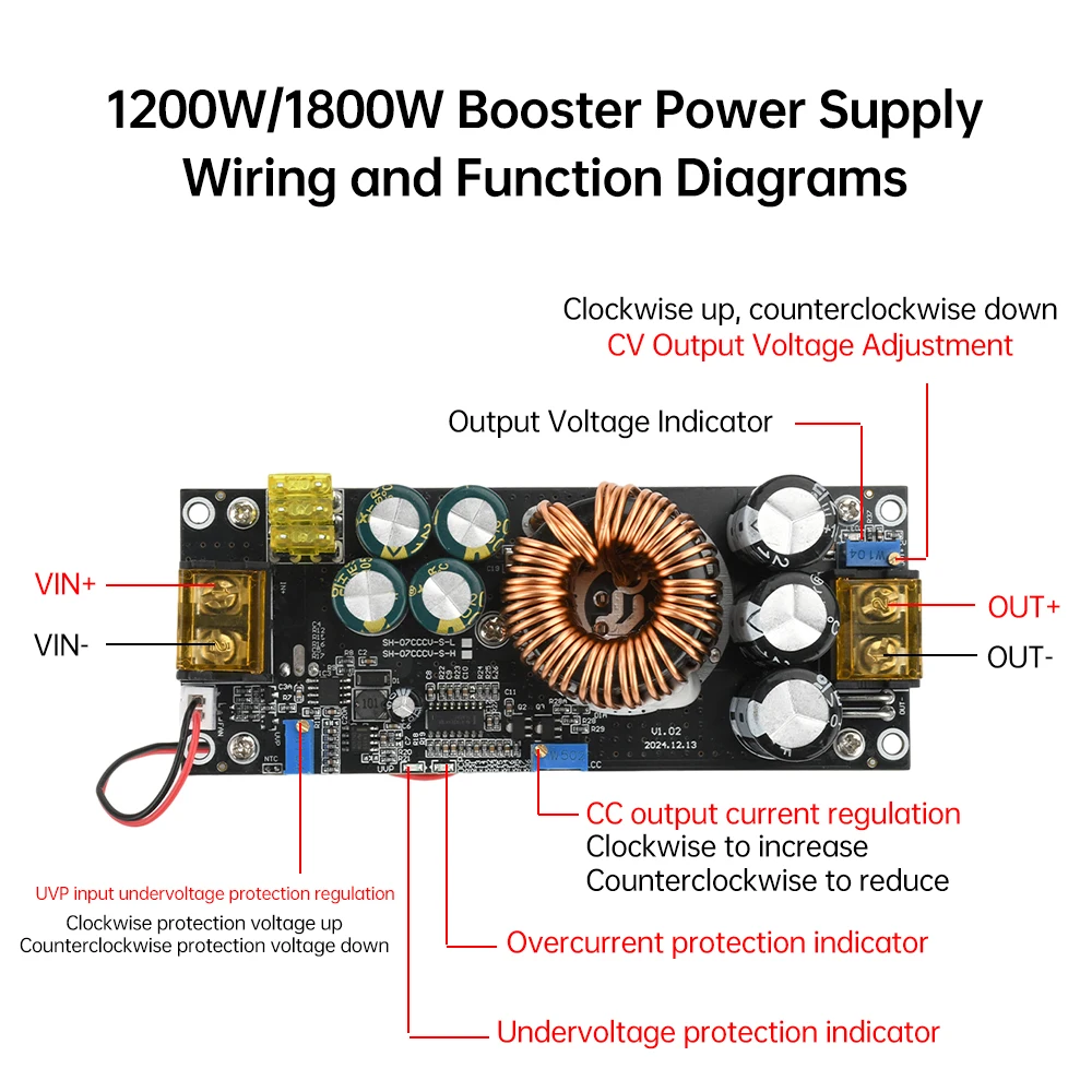 1800W 40A Boost Converter Step Up Power Supply Module 14-85V to 14-120V Adjustable Voltage CC CV With Under Voltag Protection