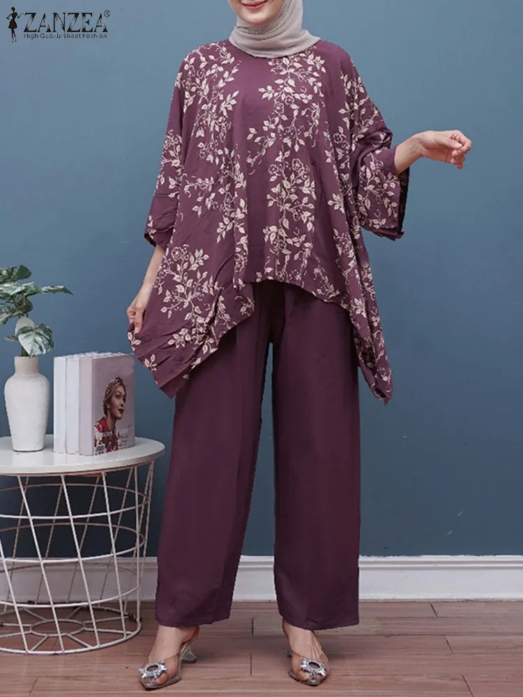 ZANZEA Fashion Long Sleeve Floral Blouse Trousers Suits 2pcs Vintage Urban Tracksuit Women Holiday Matching Sets Muslim Sets