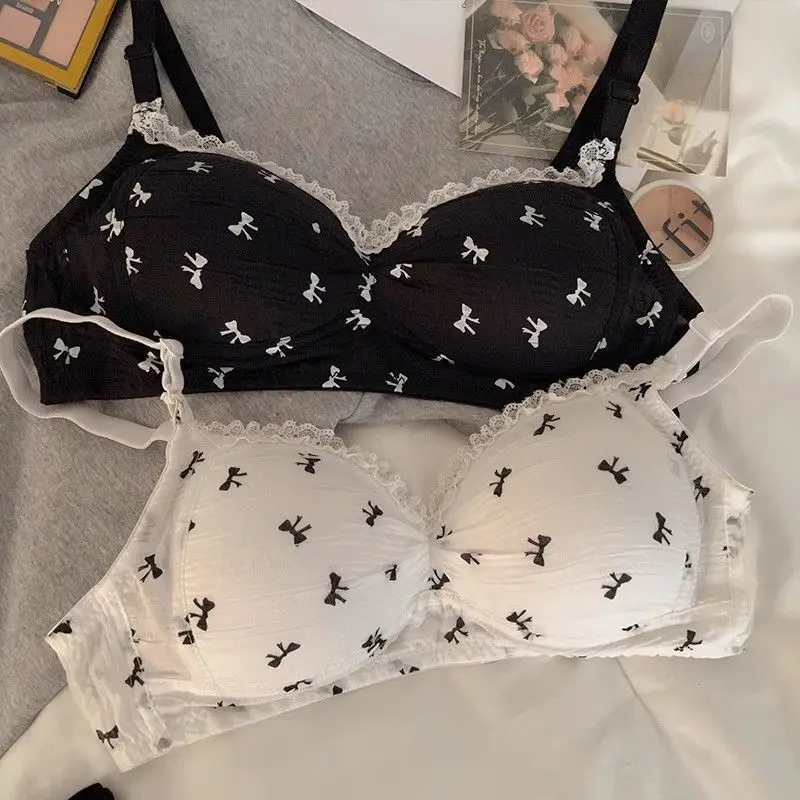 Sweet Bow Tie Underwear, Women's Small Bust, No Steel Ring, Lace Bubble, Japanese Style Anti-sagging, Thin and Breathable Bra 4