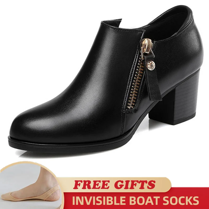

2023 Zipper Design Genuine Leather Woman Shoes Autumn New Deep Mouth Singles Shoes Cowhide Thick with Large Size of Dress Shoes