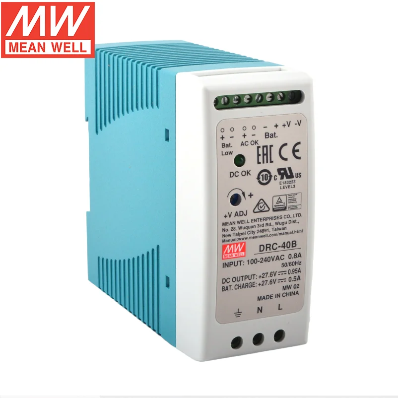 MEAN WELL DRC-40 UPS SMPS 스위칭 전원 공급 장치, AC DC 변압기, Din 레일 유형 보안 이중 출력, 40.02W, 13.8V, 27.8V, 1.9A