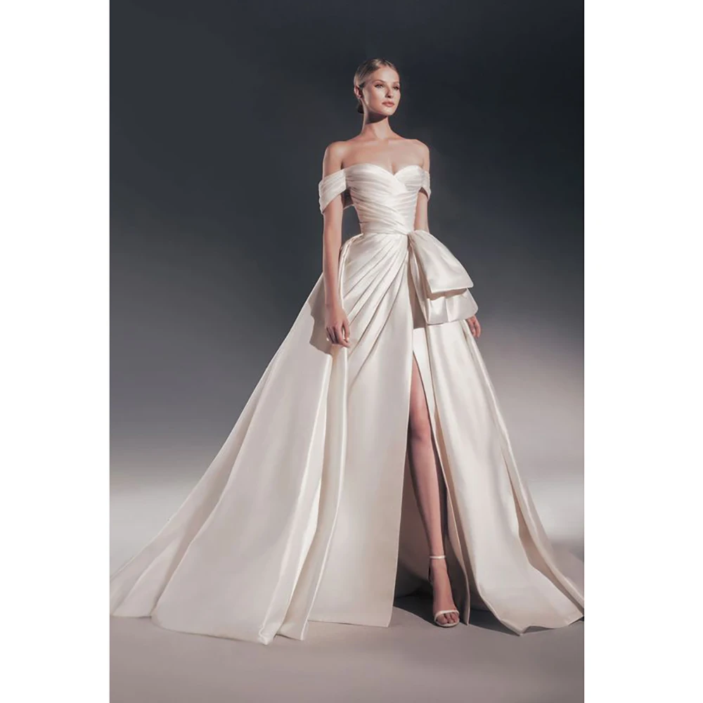 

Beige Evening Dress High Quality Sleeveless Off the Shoulder Pleat Split Chapel Train Elegant Wedding Gown Vestidos de Fiesta