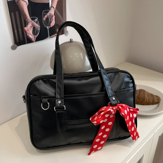 Large Capacity Women's Ribbon Shoulder Bags PU Leather Daily Ladies Crossbody Bag Solid Color College Girls Laptop Tote Handbags