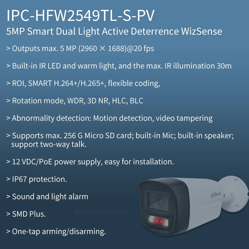 Фото Dahua MultiLang 5 Мп полноцветная IP-Камера Внешний умный звук светильник монитор сигнализации двусторонний разговор PoE H.265 + SMD №2