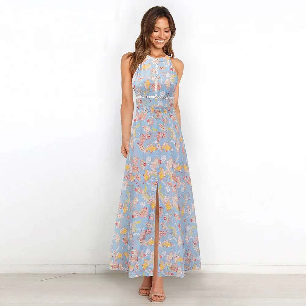 Sexy Sleeveless Floral Skirt 2022Spring And Summer Retro Slim Temperament Long Beach Skirt Bohemia Long Dress Vintage Boho Dress maxi dresses