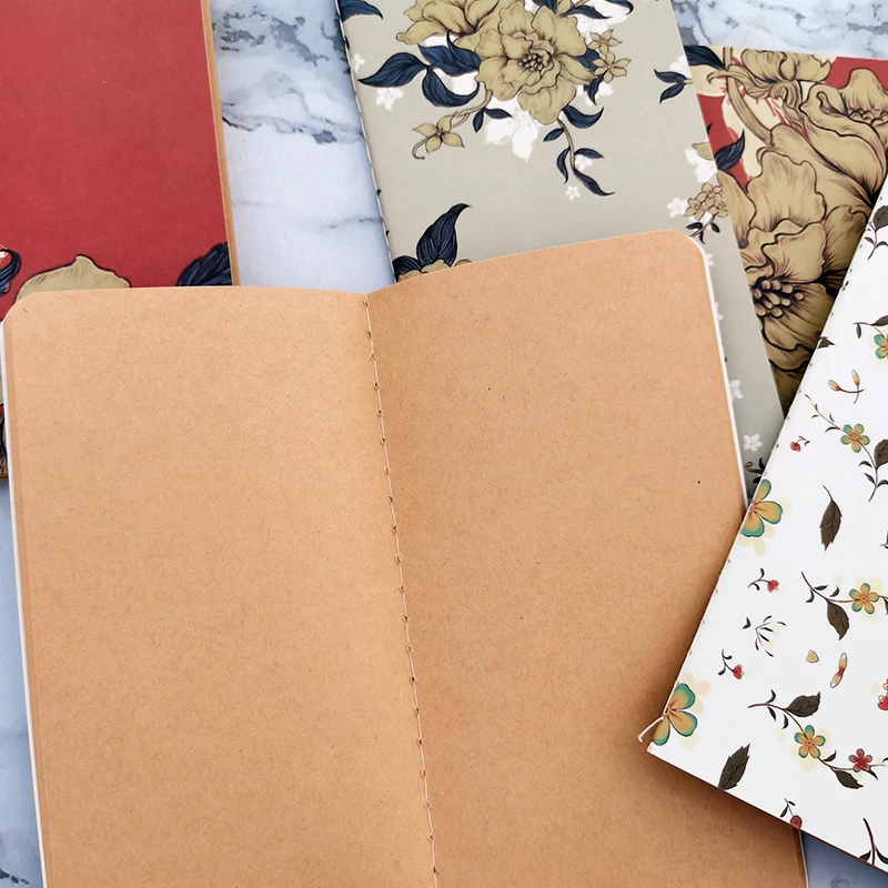 4PCS A6 Vintage Flower Kraft Paper Ledger Notebook 48K Blank Notepad Retro Hand-painted Floral Diary Sketch Book Stationery Set