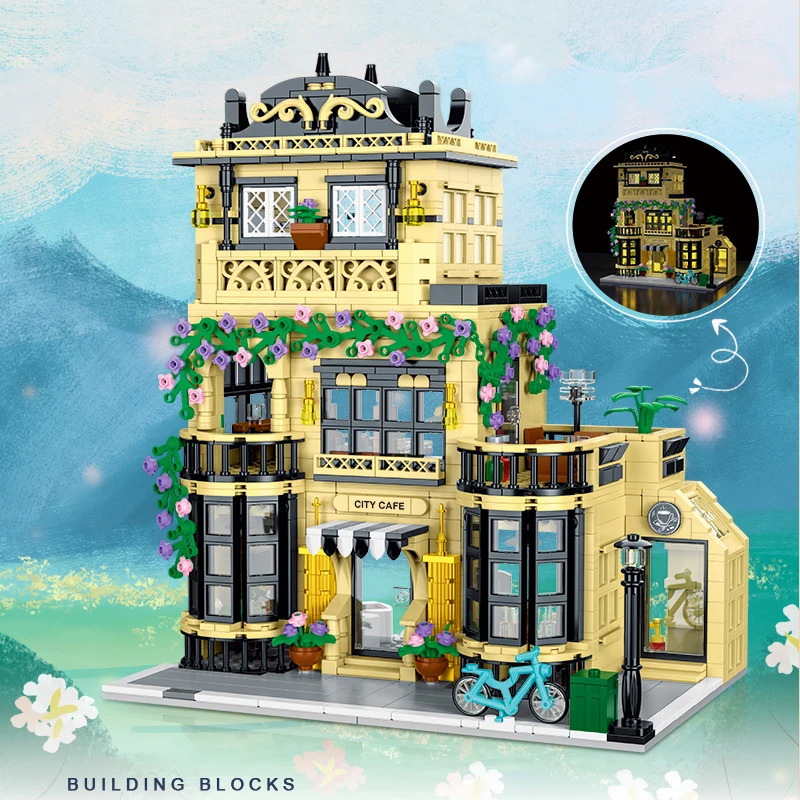 Street View Series City Coffee Shop Building Blocks Creative Expert Casual Restaurant Model Bricks Toy For Kid Birthday Gift Moc