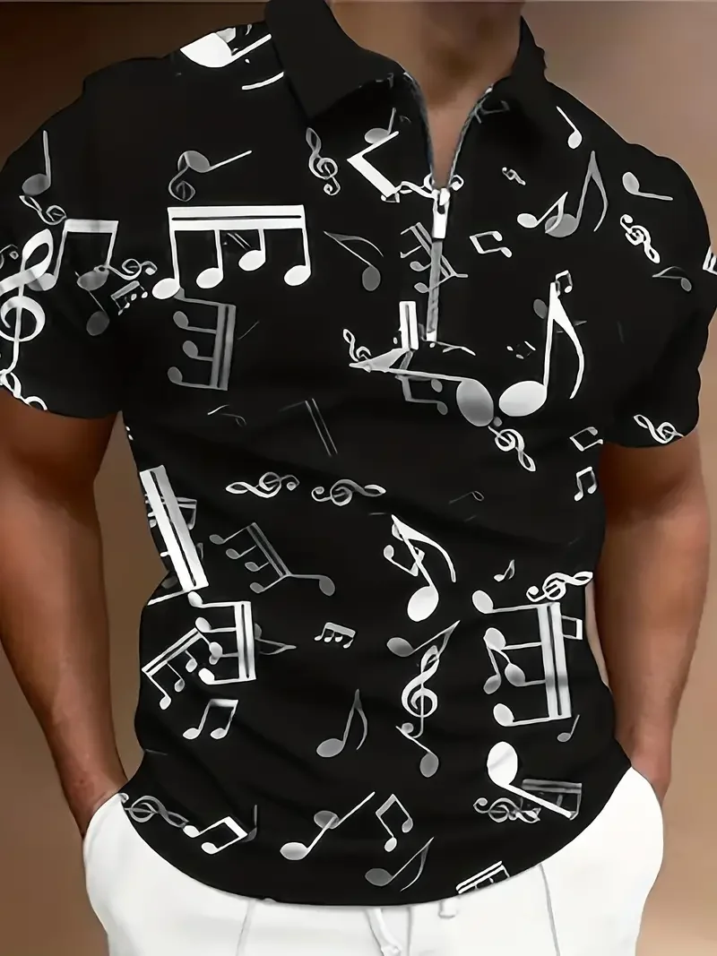 

Music Notes Full Print Men's Shirt, Chic, Daily, Short Sleeve, With Zipper And Lapel, For Summer, Vacation, Party, Festival