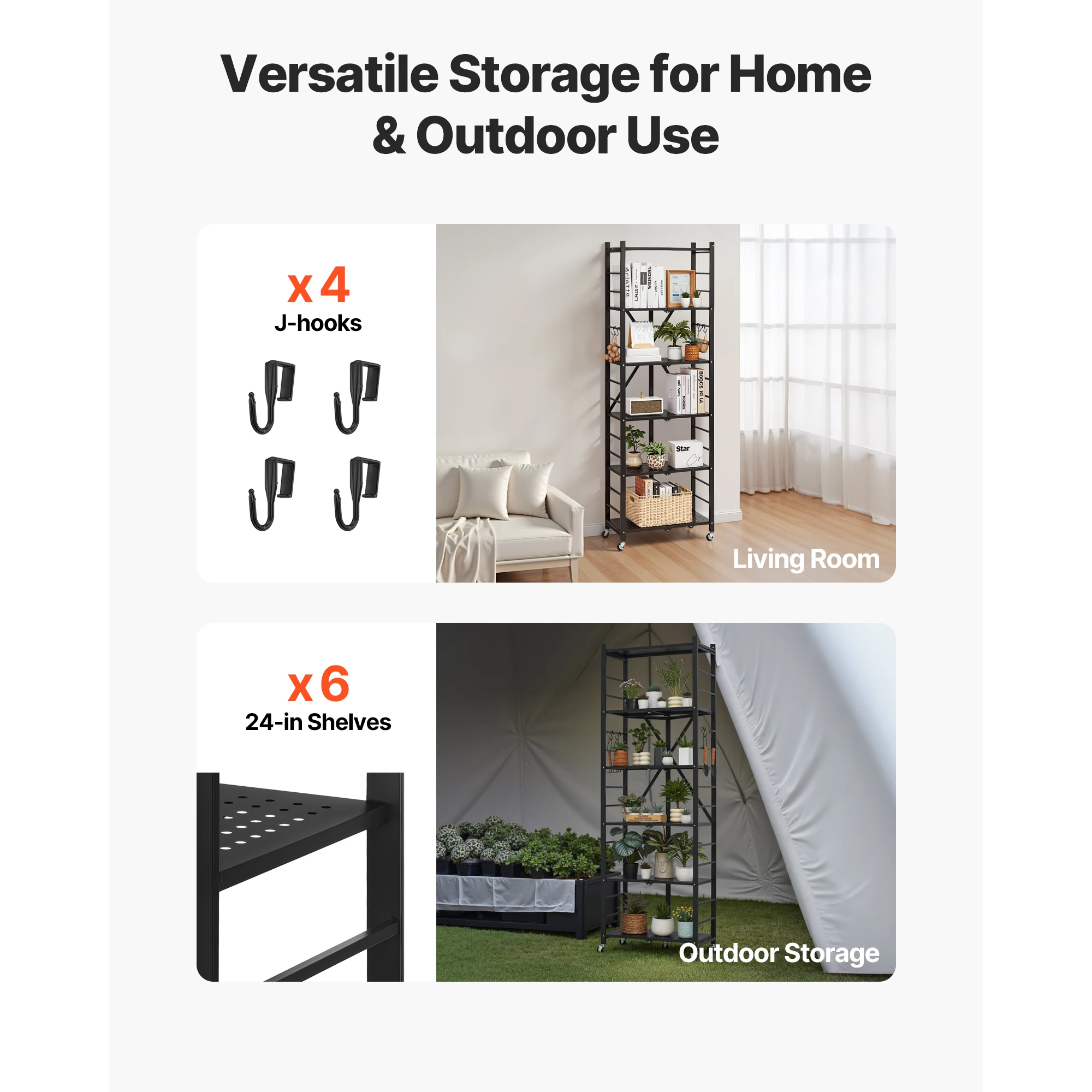 Black Metal Foldable Storage Shelf with Wheels for Garage and Kitchen