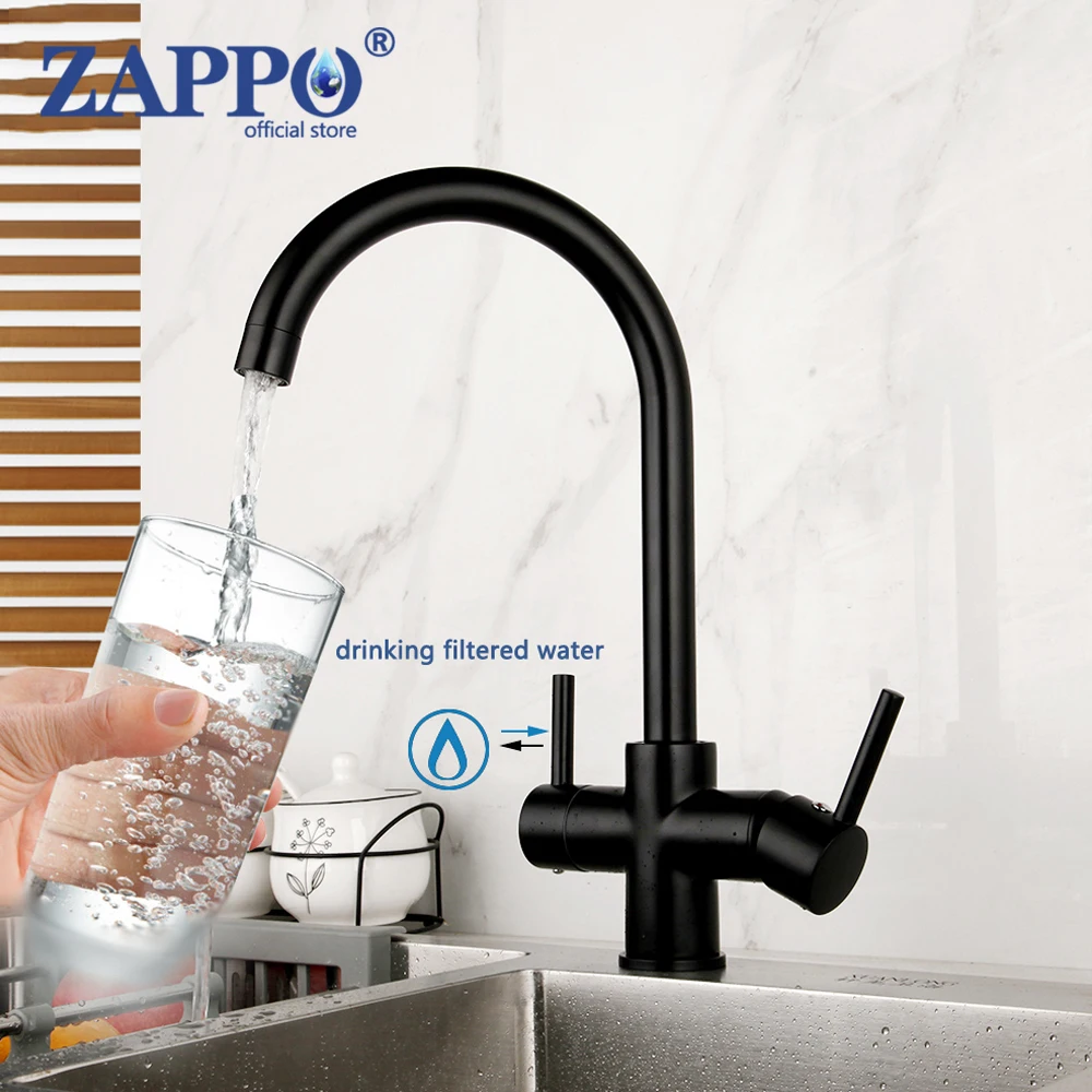 

ZAPPO Matte Black Purity Drinking Water Kitchen Sink Mixer Tap Kitchen Sink Faucet 2 Handles 360 Swivel Kitchen Hot Cold Water