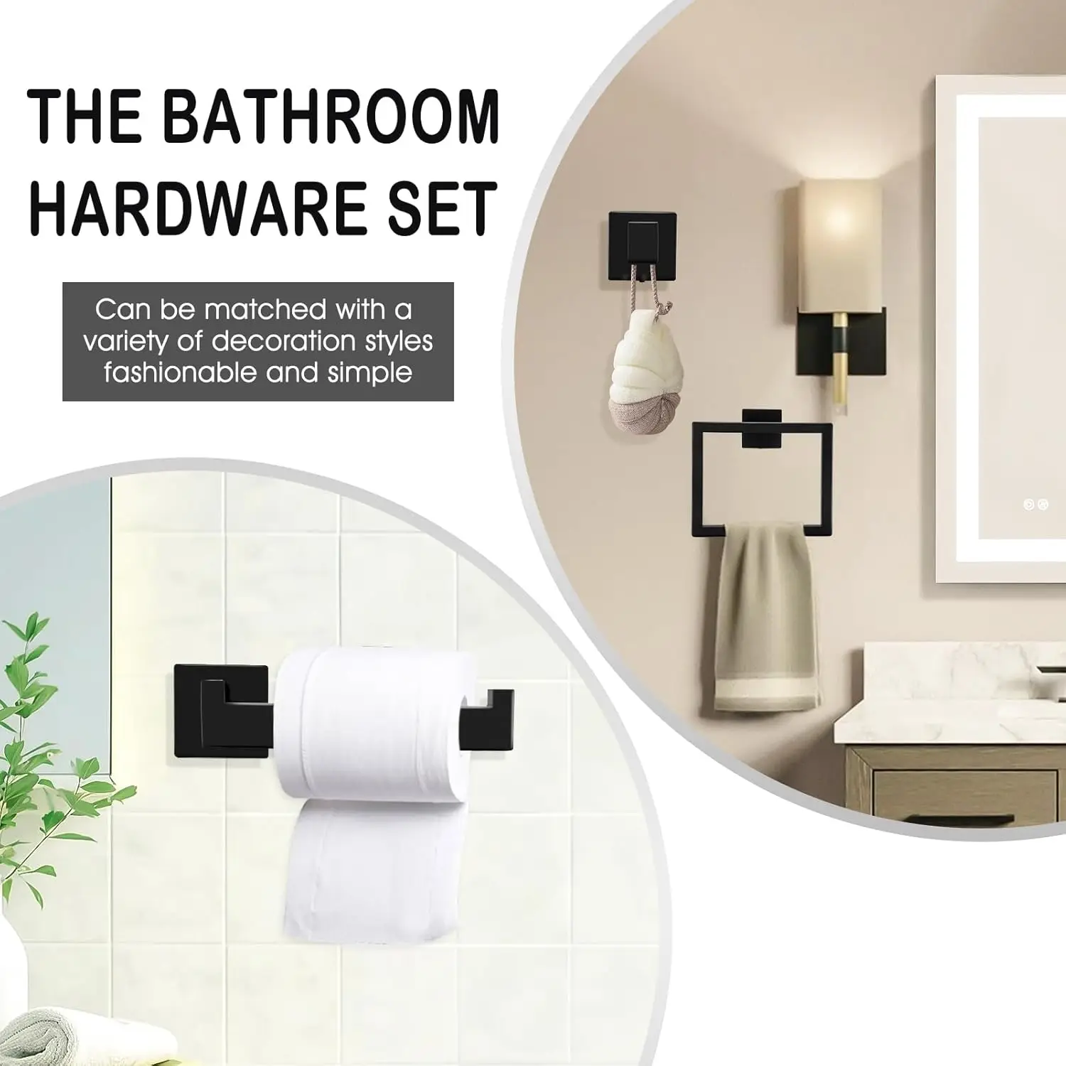 15-Pcs Matte Black Bathroom Set. 23.3" Towel Bar, Rack, Square Bar. SUS304 Stainless Steel. Heavy Duty, Wall-Mounted.
