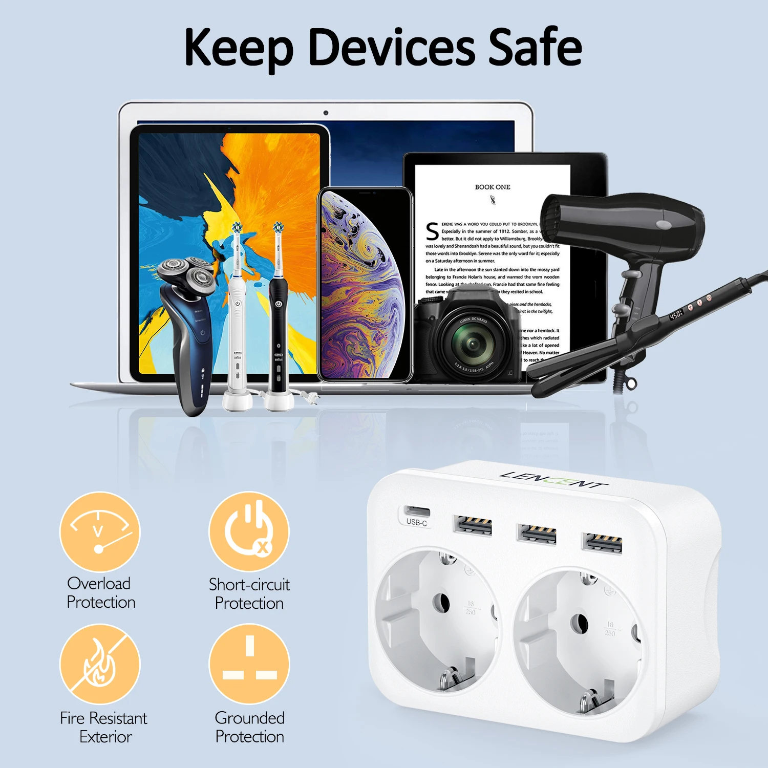 6 in 1 Plug Adapter Wall Charger with 2 Schuko Sockets 3 USB Ports 1 Type C for Home Office