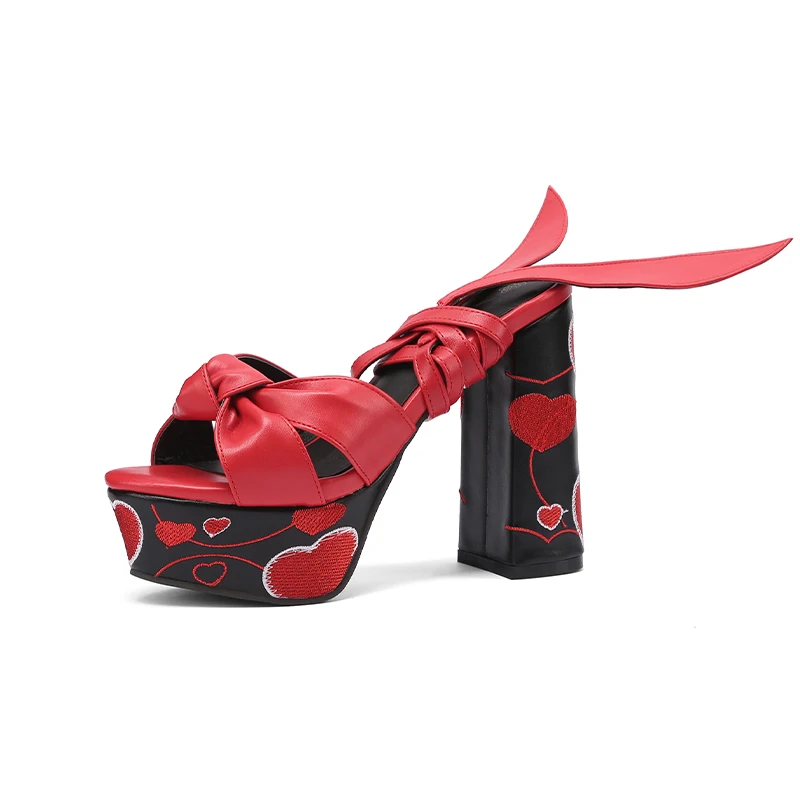 

New Women Platform Heeled Sandals Luxury Designer Handmade Heart Floral Embroidery Chunky Heel Sexy Ankle Strap Bow Sandal Party