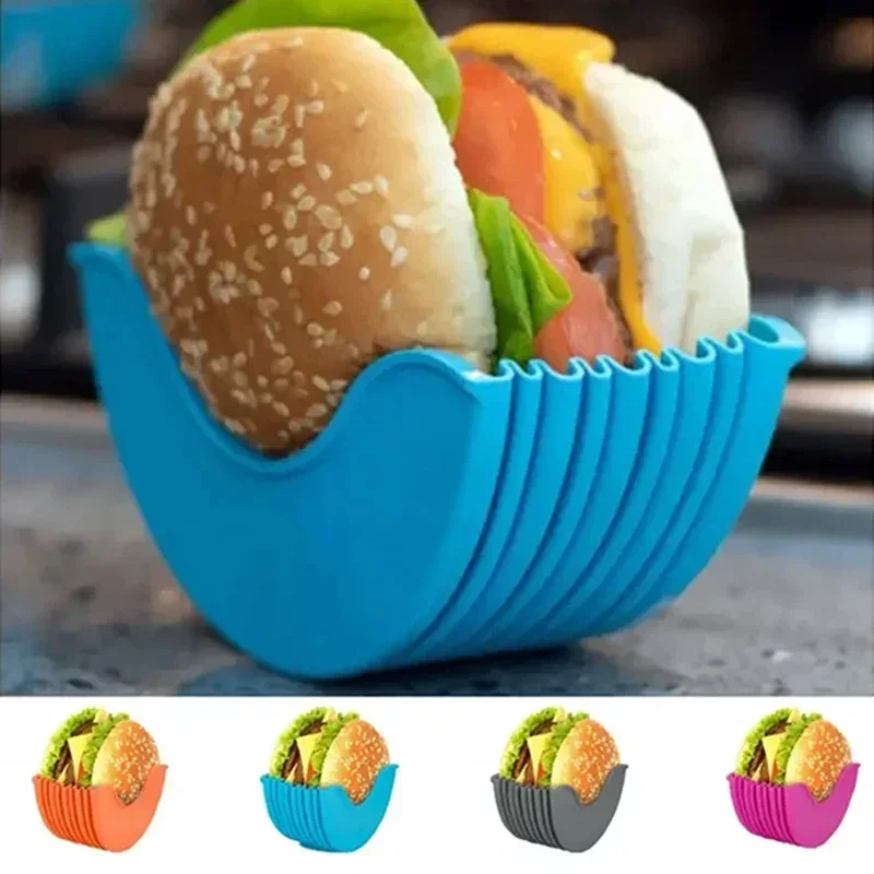 Reusable Creative Convenient Burger Holder 4pcs Burger Food Fixed Clip Shell Silicone Shelf Washable Retractable Hamburger Tray