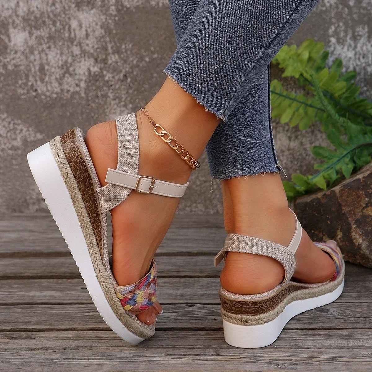 Sommer frauen High Heel Sandalen Ferse Große Größe Bunte Geflochtenen Seil Alias De Mujer Outdoor Vielseitig Zapatillas De Mujer – Detail 11