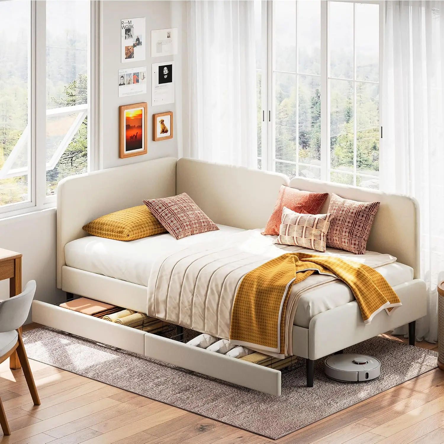 Twin Daybed with Headboard, Corner Bed Frame with Bed Rails and Storage Drawers, Solid Support, for Bedroom Guest Room, Cream