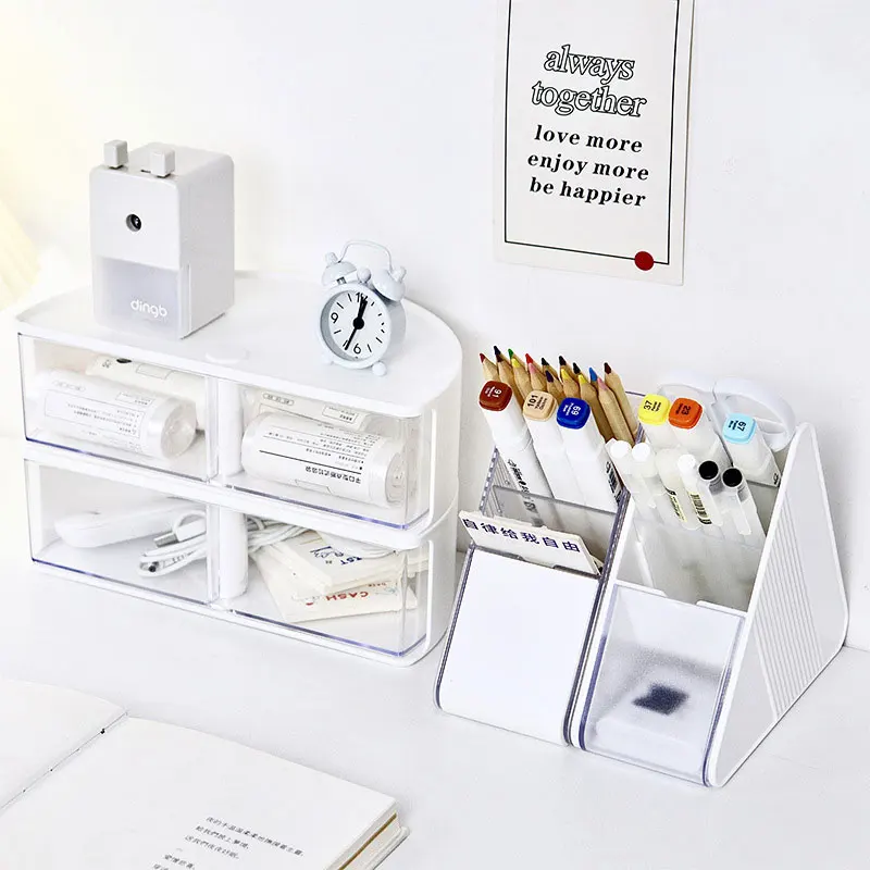 Ins Acrylic Pen Holder Storage Box Desktop Stationery Pen Box Office Transparent Large-capacity Drawer Makeup Organizer Cosmetic