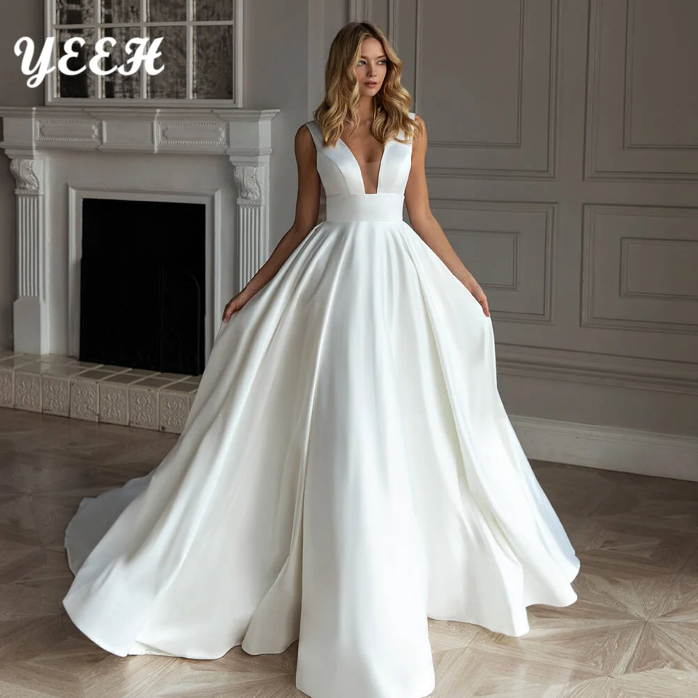 

YEEH Modern Simple A-line wedding dress Deep V-Neck For Woman Bow Backless Draped Sleeveless Chapel Train Vestidos De Novia