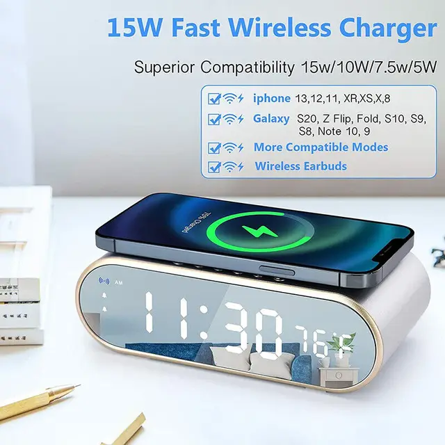 Új Digitális Ébresztőóra Vezeték Nélküli Töltés Qi Kompatibilis Aranyos Csendes Tükör Óra Student Desktop Led Elektronikus Felnőtt Számára