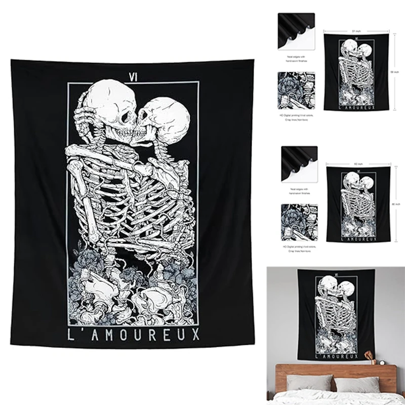 

Skull Tapestry Kissing Lover Black And White Tarot Skeleton Flower Tapestry Wall Hanging Beach Blanket Romantic Decor Durable