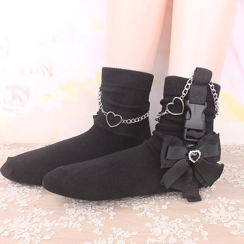 Japanese Sweet Cool Mine Series Y2k Lolita Bow Chain Love Bucket Socks All-Matching Short Stockings Women's Clothing Accessories