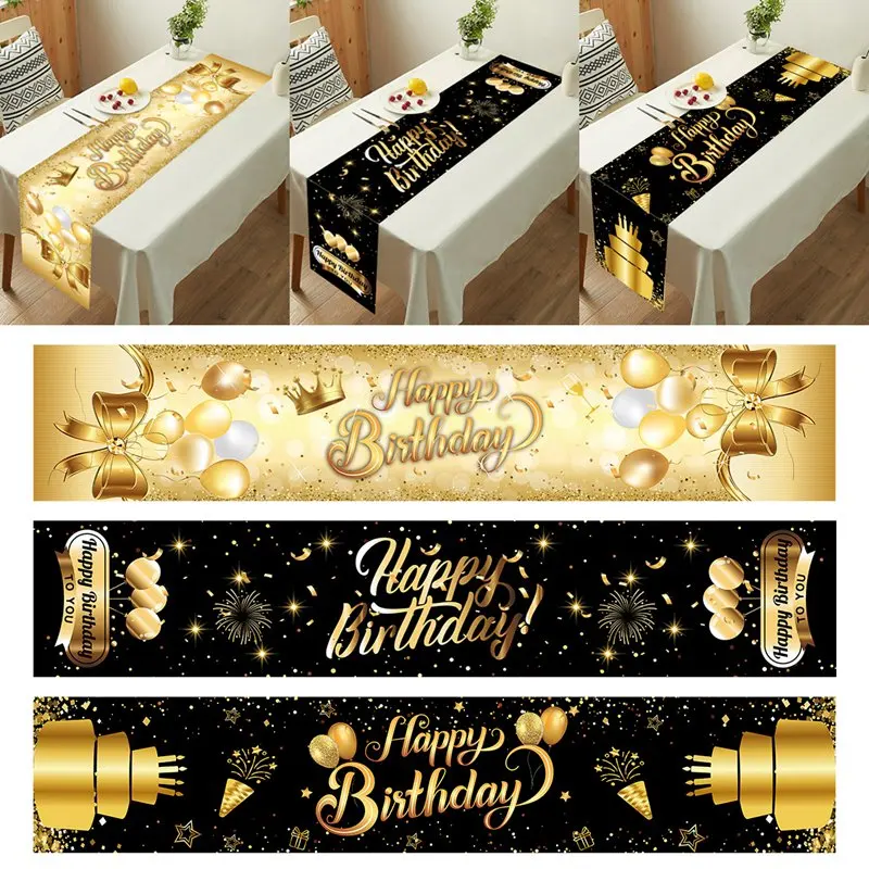 1Pc Black Gold Birthday Table Runner, Birthday Party Background Decoration Supplies Table Runner Tablecloth Table Cover Birthday Gift Party Favor Table Cloth Birthday Home Decor Room Decor P 22648791